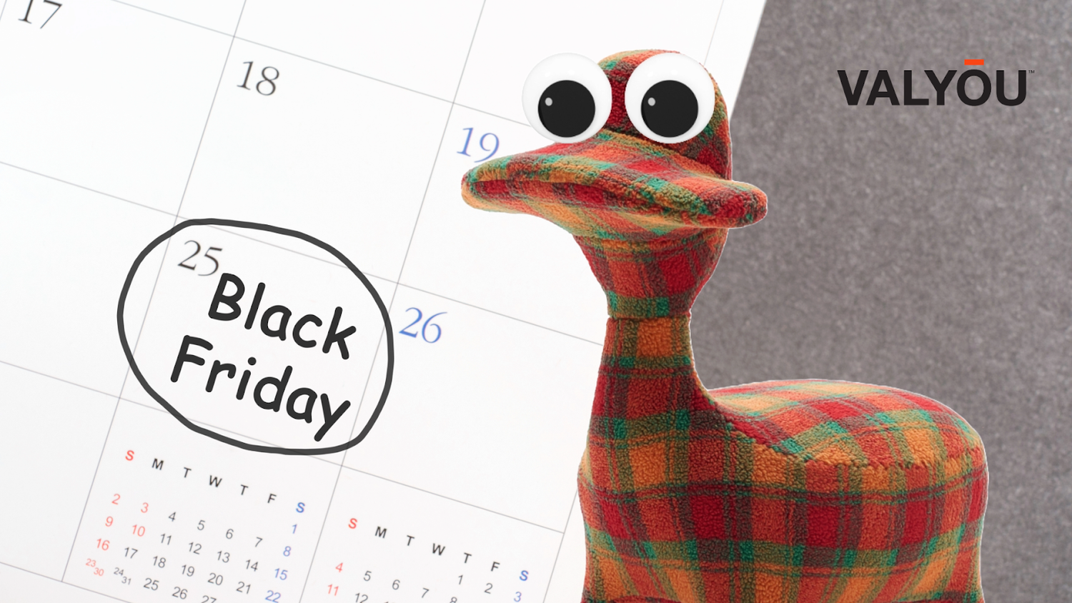 A calendar dated for the best of Black Friday deals on November 25 with a plaid lounge chair emphasizing seasonal sales at top furniture stores.