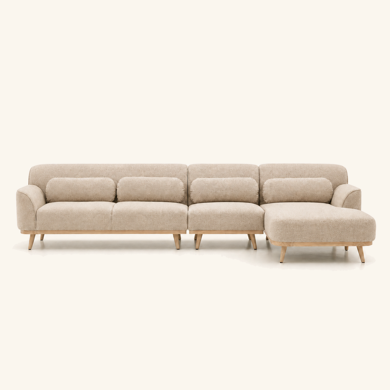 Solid Wood Sectional 135 inch Beige Facing Right front on warm cream background
