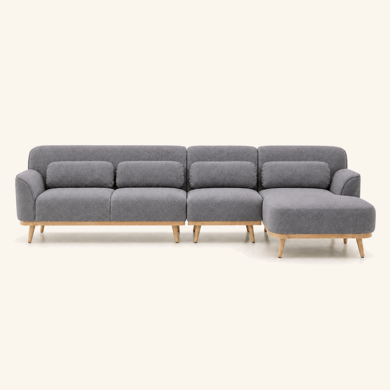 Solid Wood Sectional 135 inch Grey Facing Right front on warm cream background