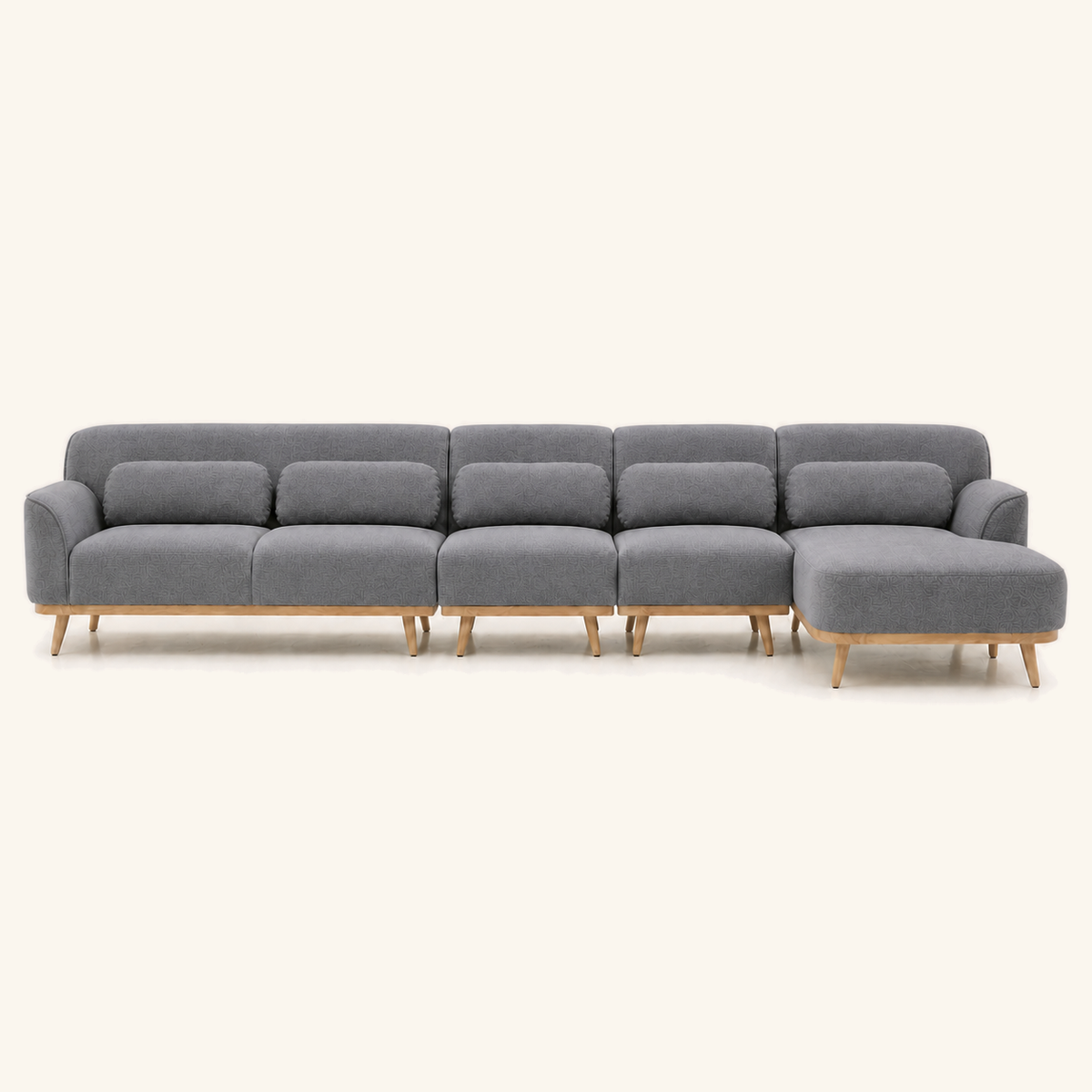 Solid Wood Sectional 164 inch Grey Facing Right front on warm cream background