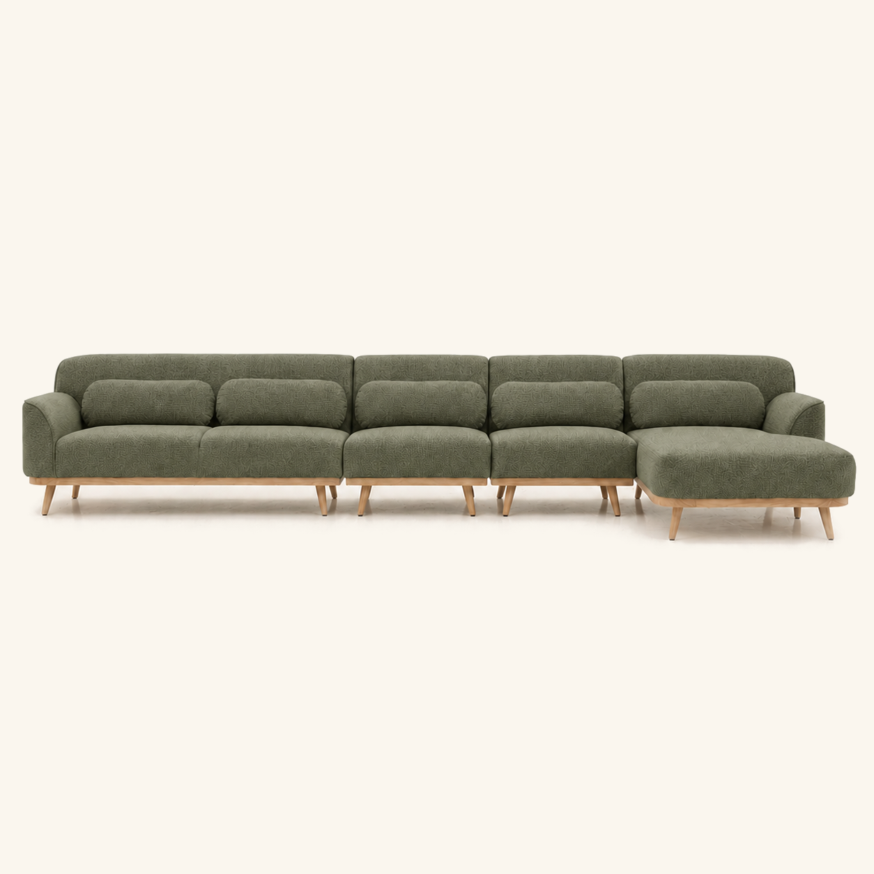 Solid Wood Sectional 164 inch Olive Green Facing Right front on warm cream background