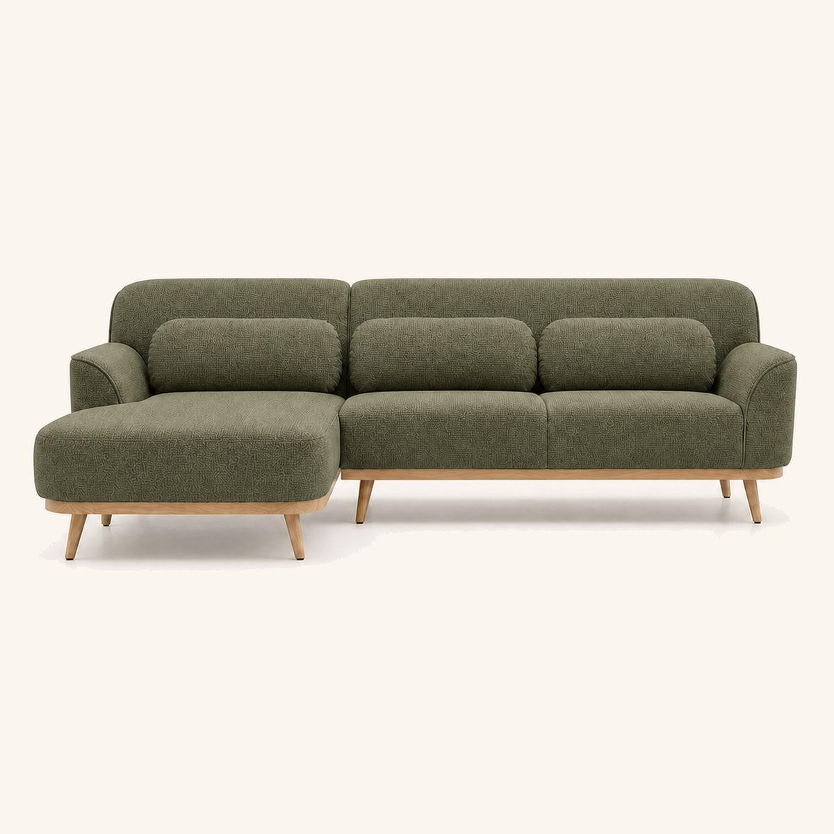 Solid Wood Sectional 105 inch Olive Green Facing Left front on warm cream background