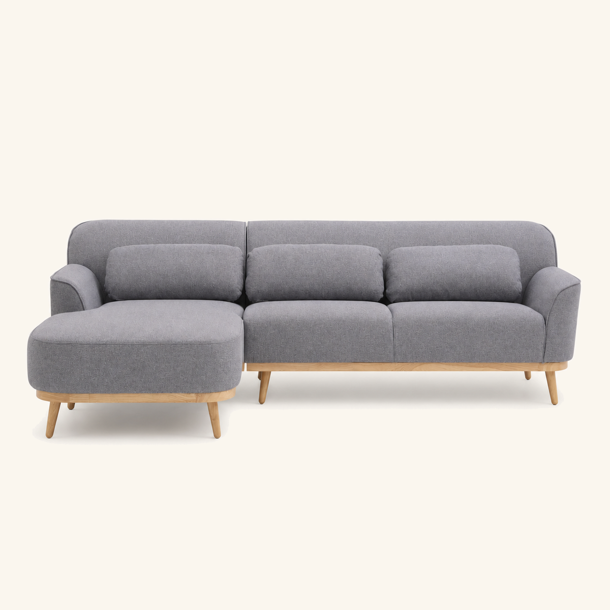 Solid Wood Sectional 105 inch Grey Facing Left front on warm cream background