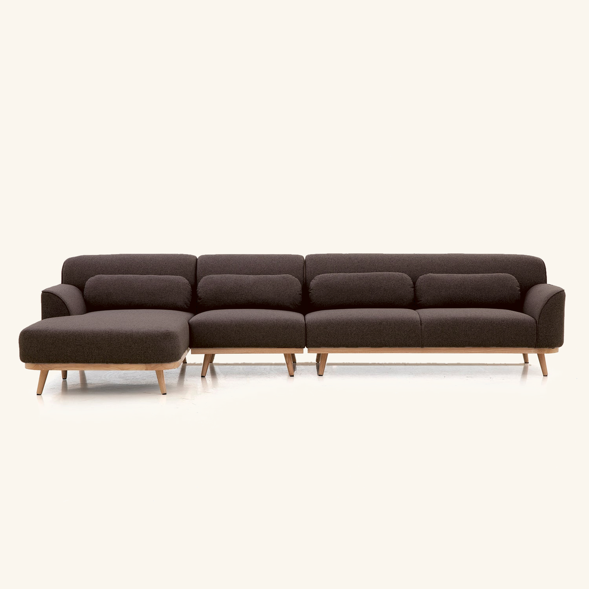 Solid Wood Sectional 135 inch Brown Facing Left rendered v3 front on #FAF6EE