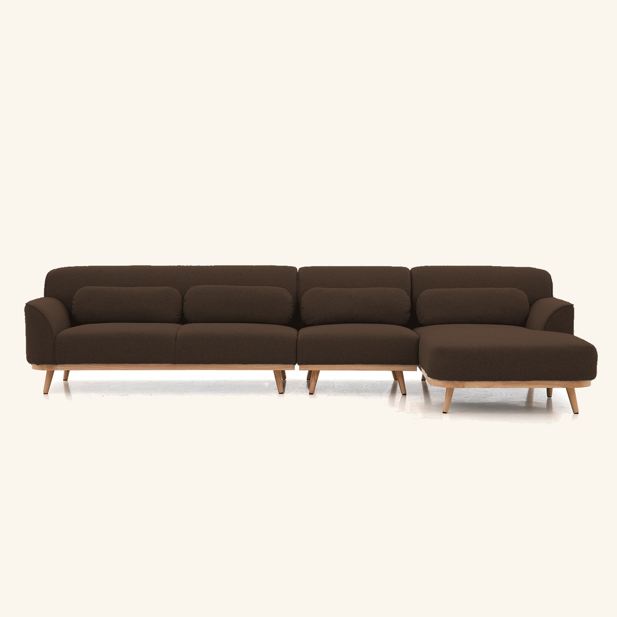 Solid Wood Sectional 135 inch Brown Facing Right rendered v3 front on #FAF6EE