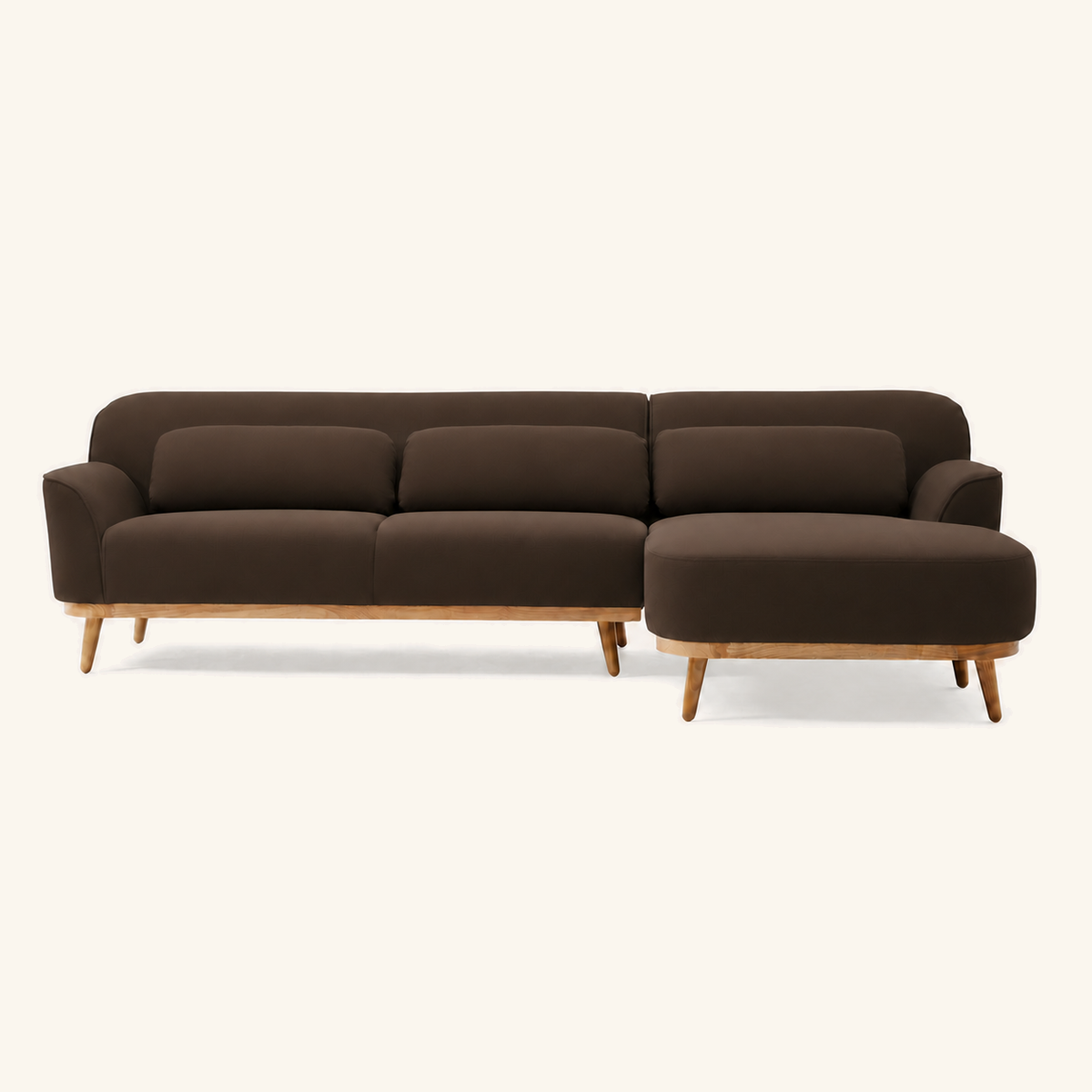 Solid Wood Sectional 105 inch Brown Facing Right rendered v3 front on #FAF6EE