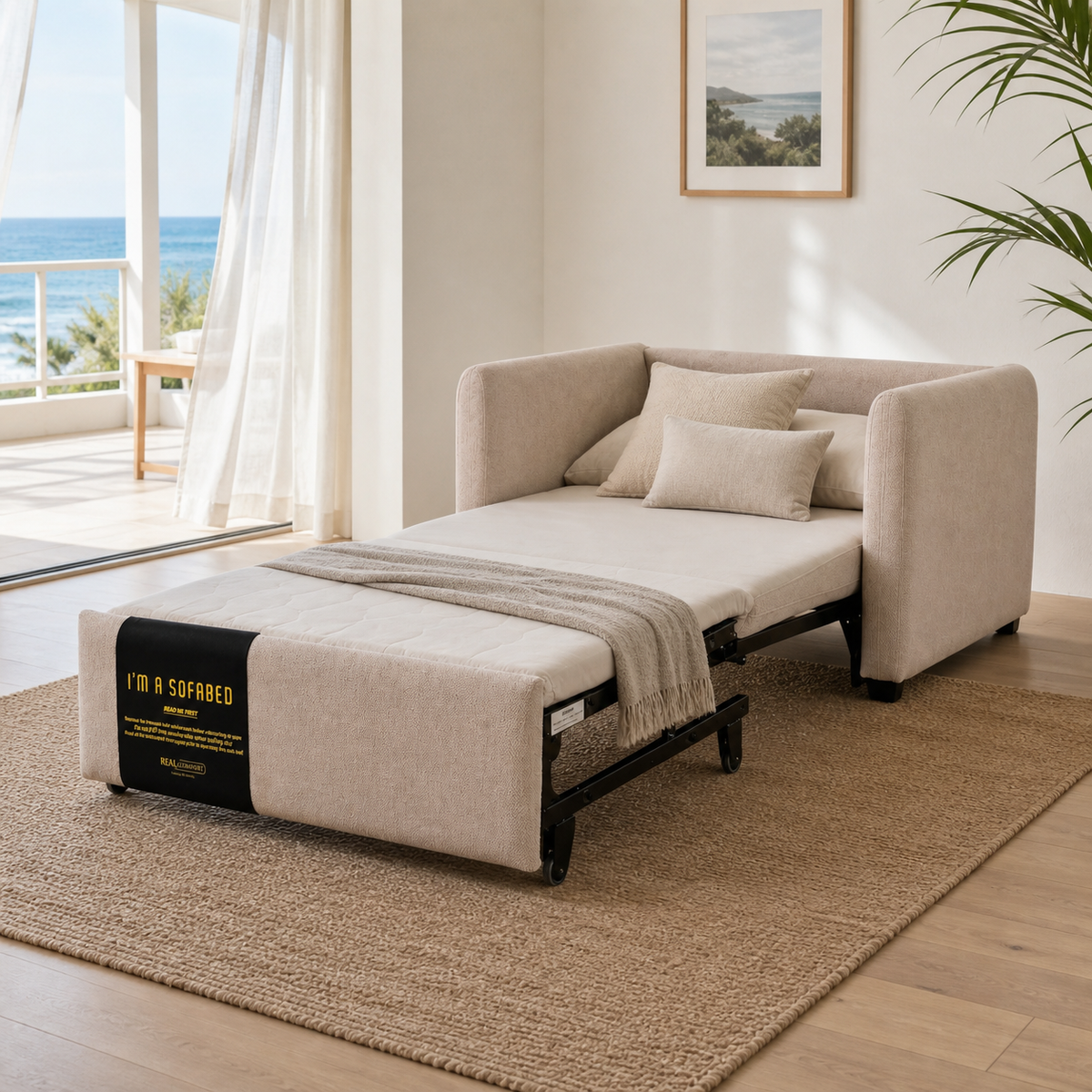 Dianna Lounge Chair Bed in Beige opened beside a tropical lanai