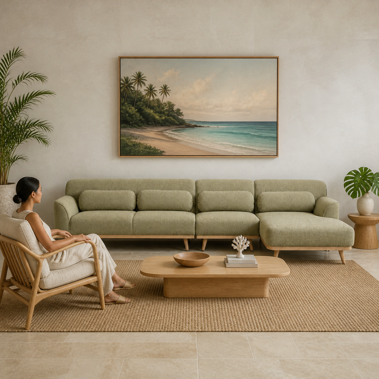 Solid Wood Sectional 135 inch Pistachio Facing Right staged front in a color-calibrated Hawaiian home