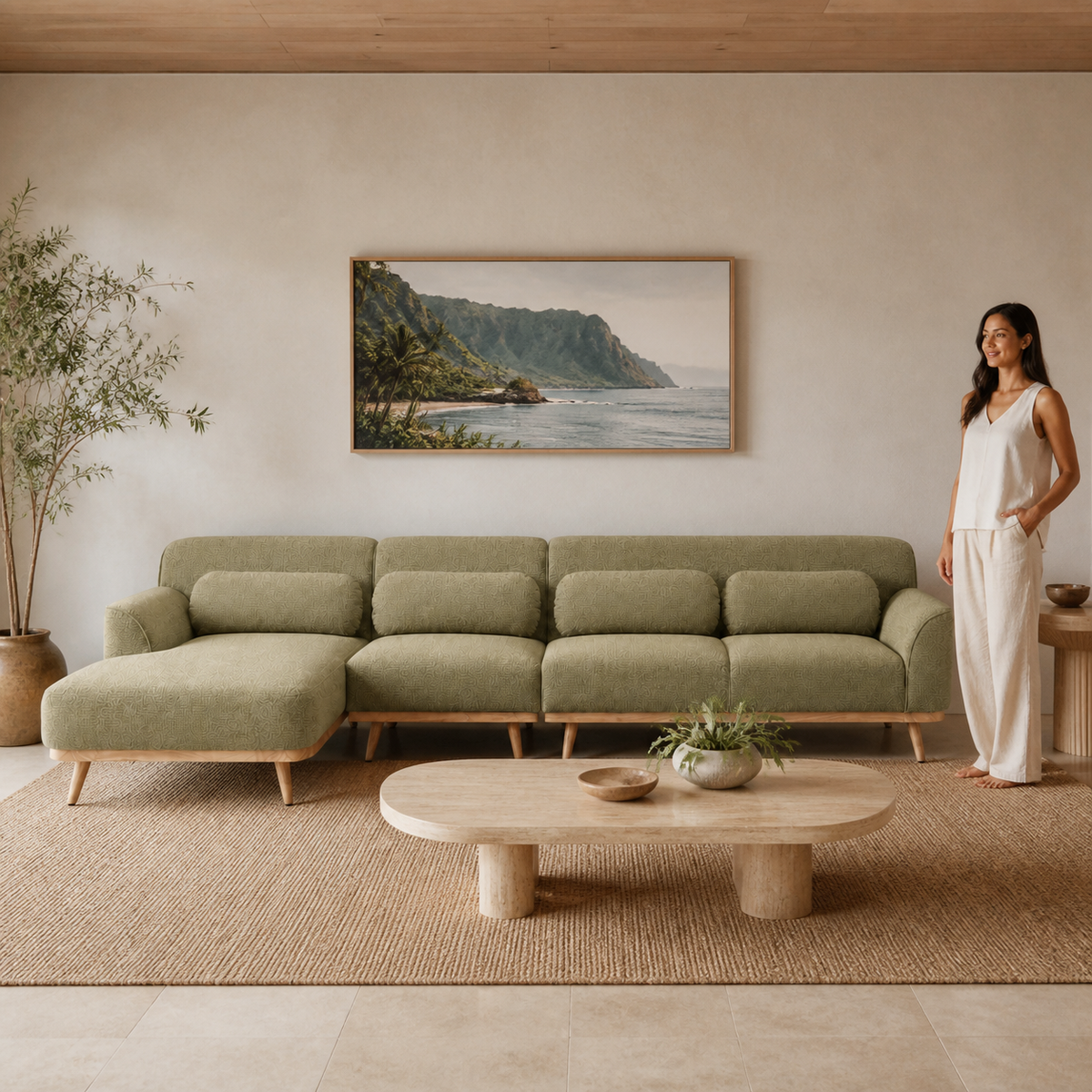 Solid Wood Sectional 135 inch Pistachio Facing Left staged front in a spatially planned Hawaiian home