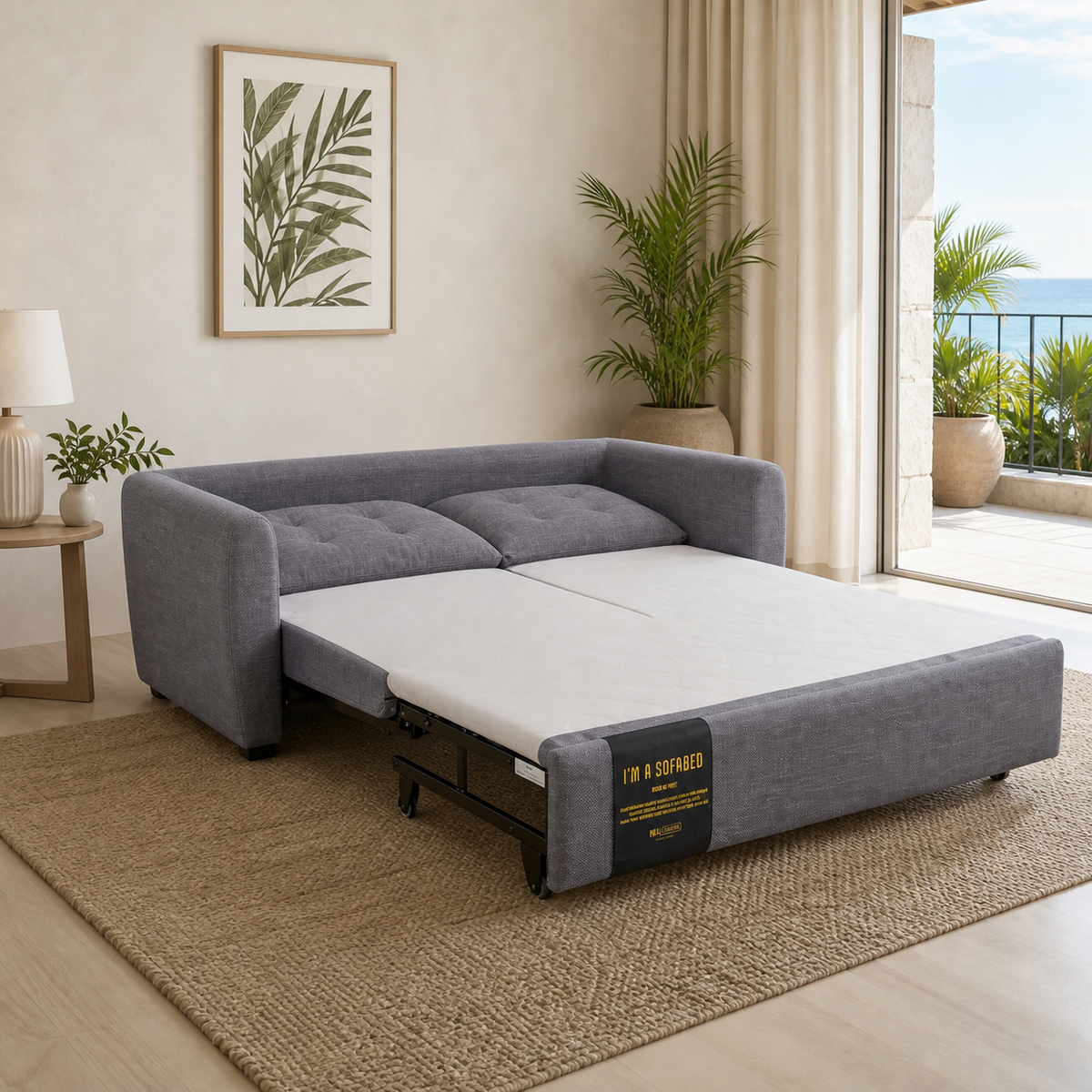 Rebecca Queen Size Sofa Bed in Gray opened beside a Hawaii lanai