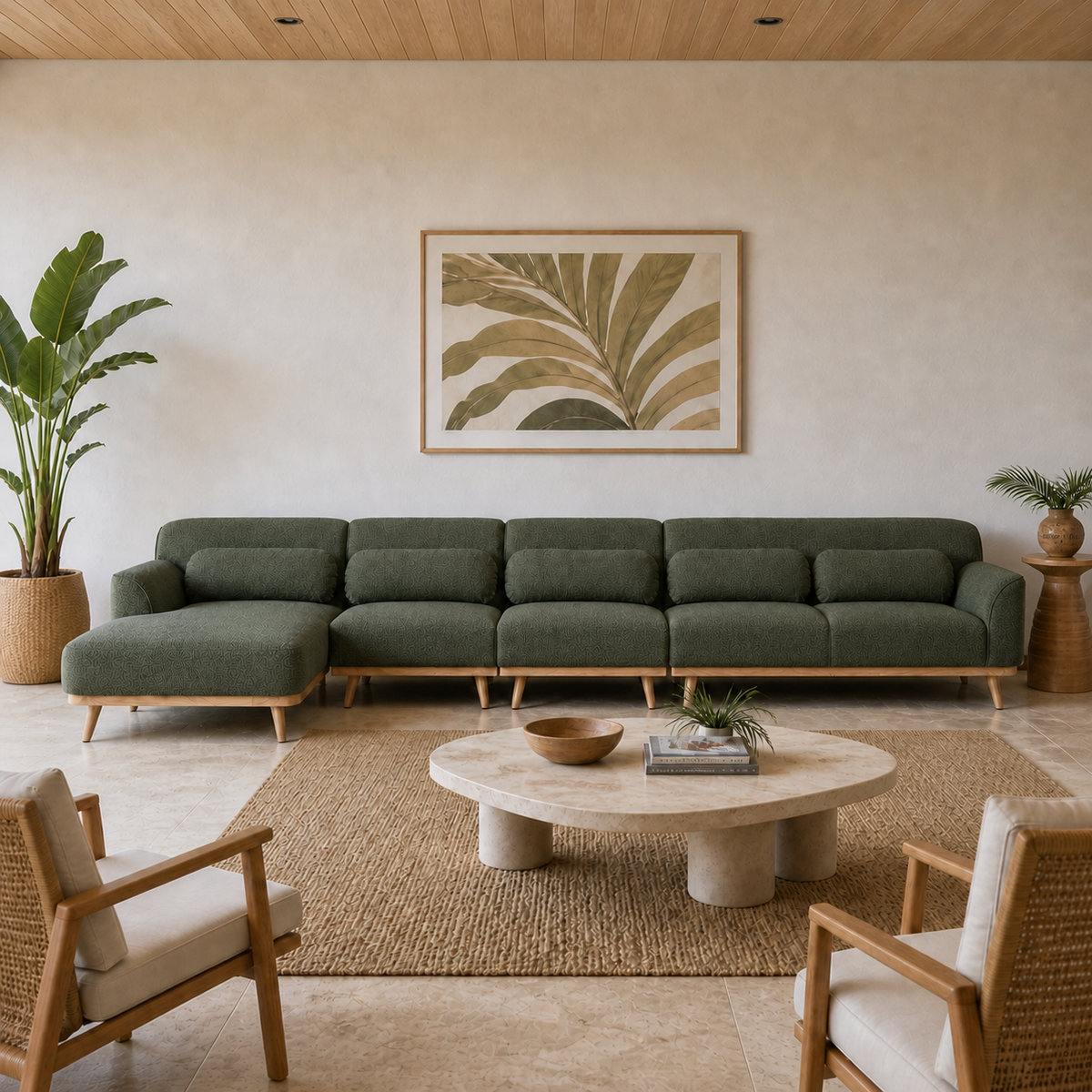 Solid Wood Sectional 164 inch Olive Green Facing Left staged front in a color-calibrated large Hawaiian home