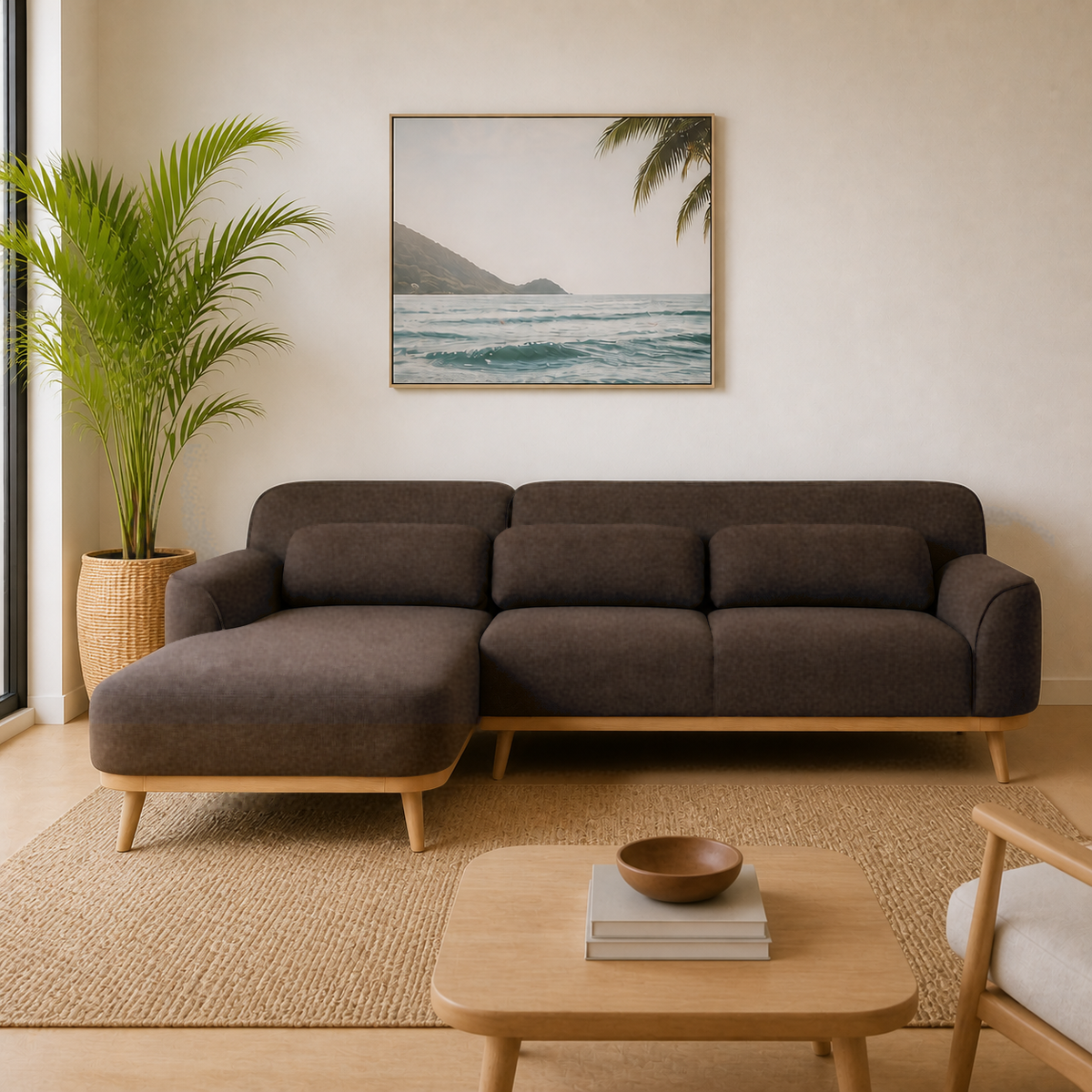 Solid Wood Sectional 105 inch Brown Facing Left rendered v3 staged front in a modern Hawaiian home