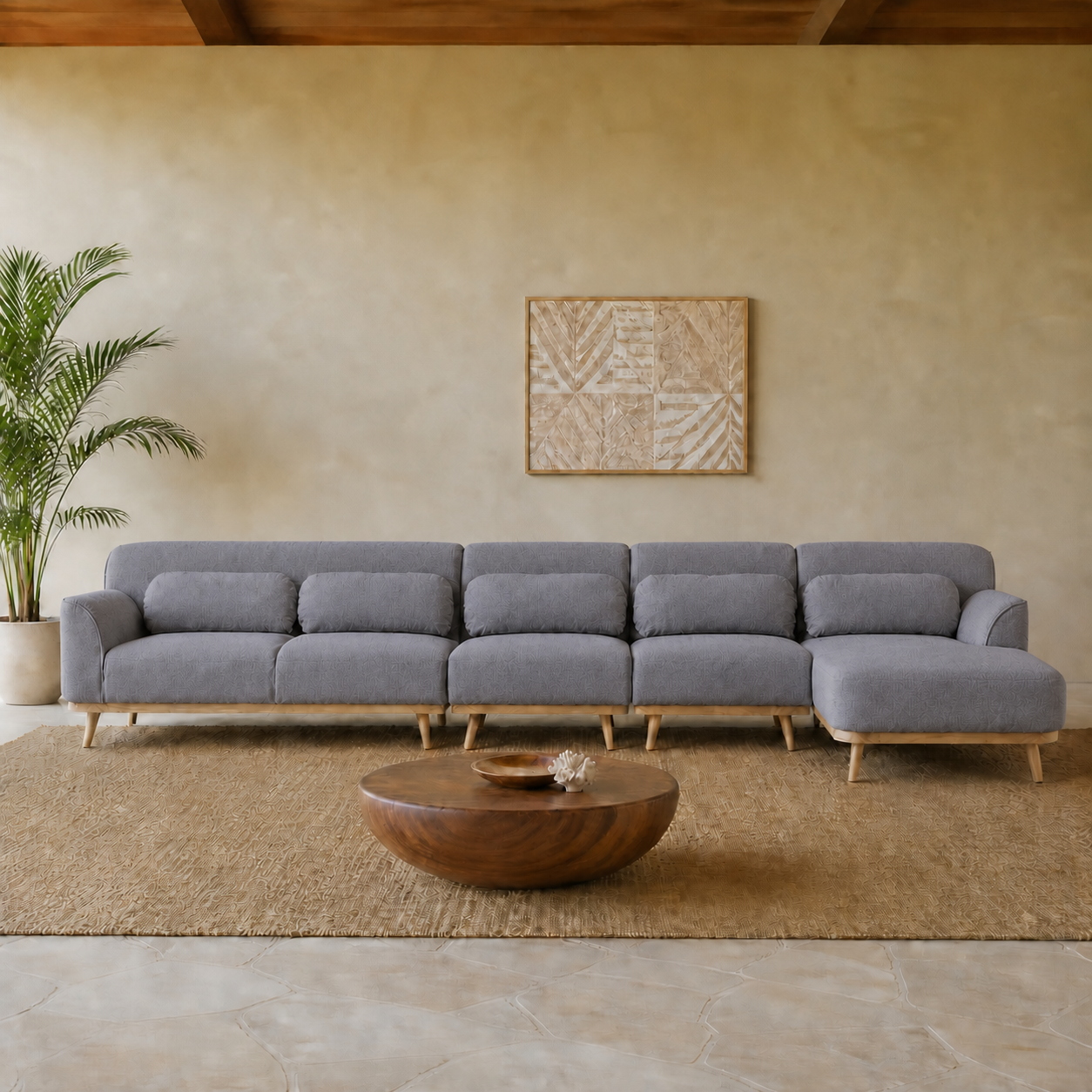 Solid Wood Sectional 164 inch Grey Facing Right staged front in a color-calibrated large Hawaiian home