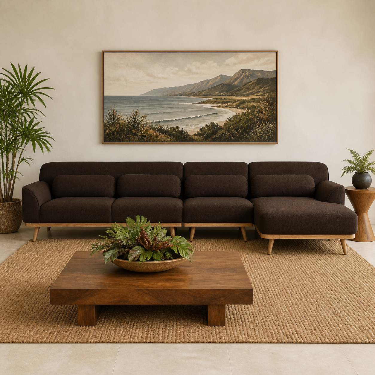 Solid Wood Sectional 135 inch Brown Facing Right rendered v3 staged front in a modern Hawaiian home