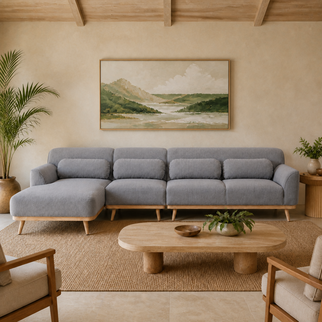 Solid Wood Sectional 135 inch Grey Facing Left staged front in a color-calibrated Hawaiian home