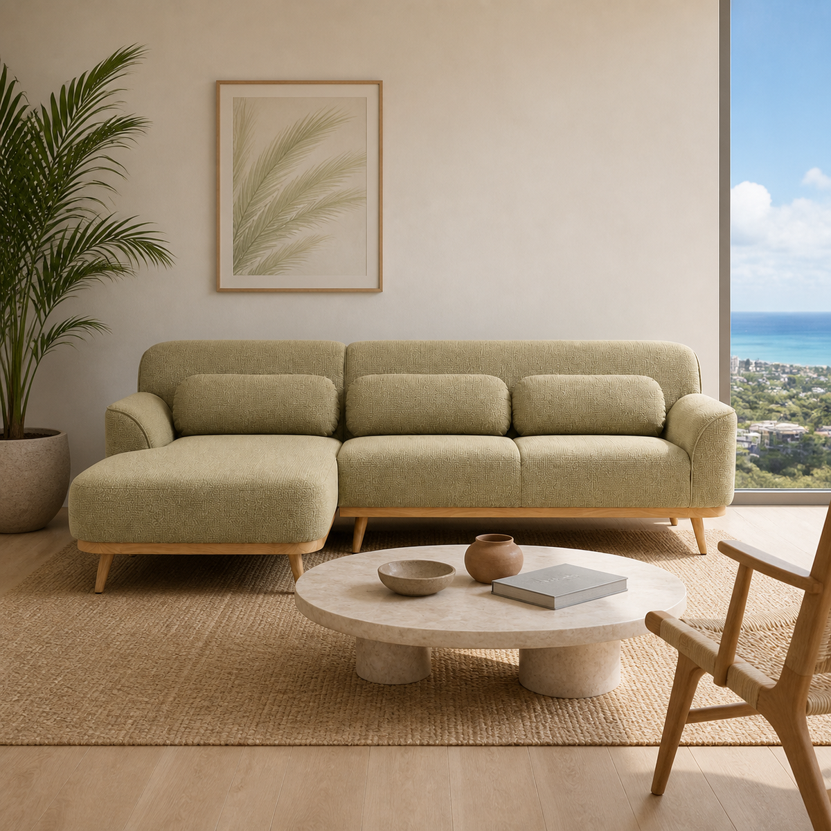 Solid Wood Sectional 105 inch Pistachio Facing Left staged front in a spatially planned Honolulu condo