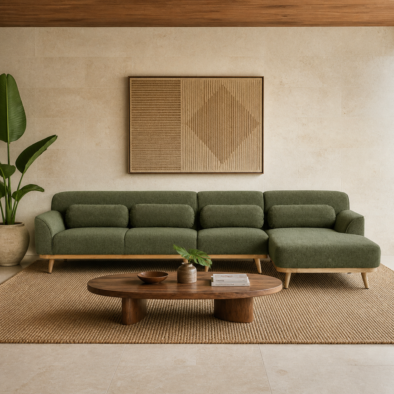 Solid Wood Sectional 135 inch Olive Green Facing Right staged front in a color-calibrated Hawaiian home