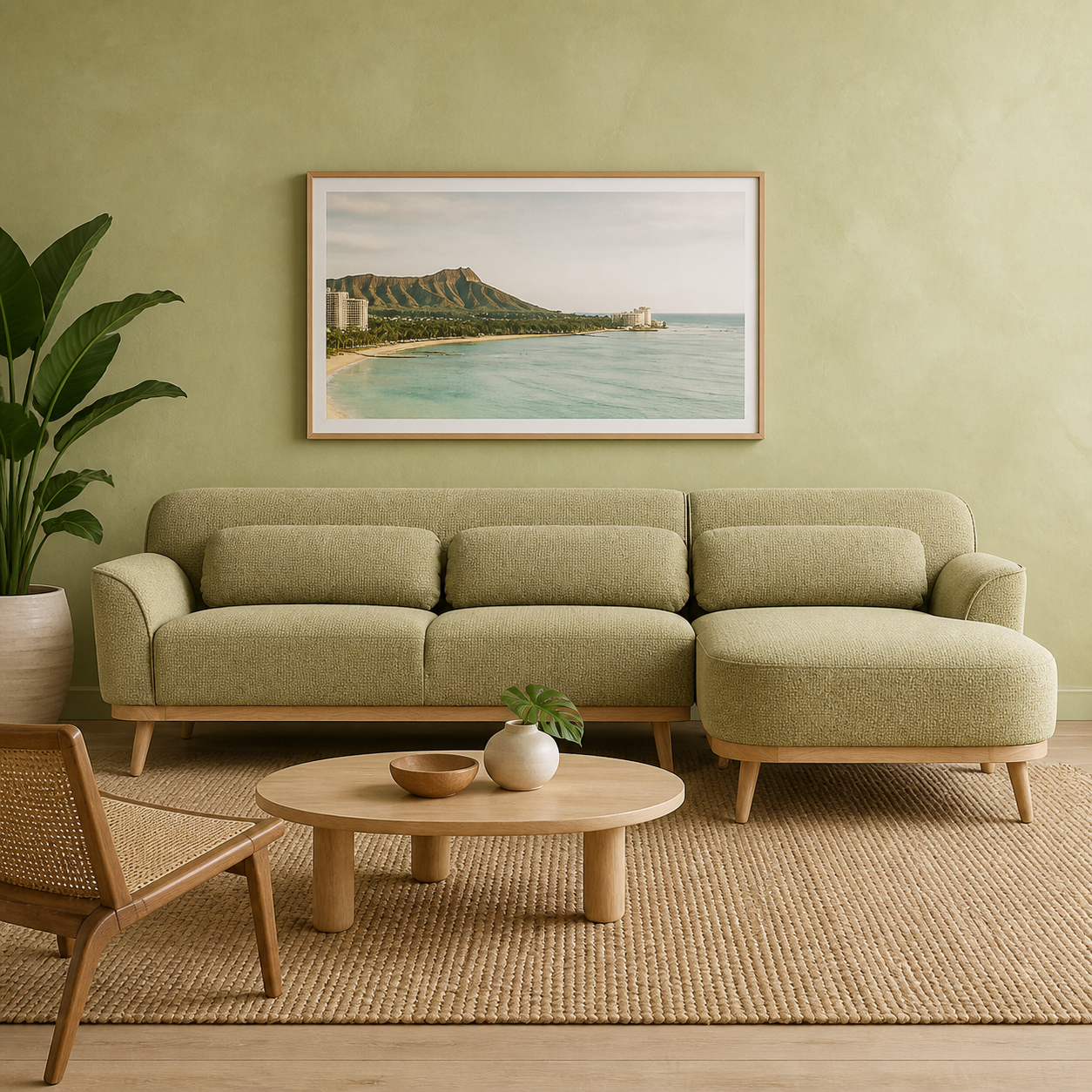 Solid Wood Sectional 105 inch Pistachio Facing Right staged front in a color-calibrated Honolulu condo