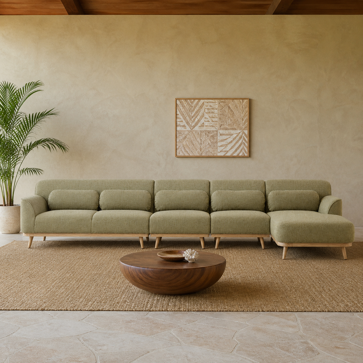 Solid Wood Sectional 164 inch Pistachio Facing Right staged front in a color-calibrated large Hawaiian home