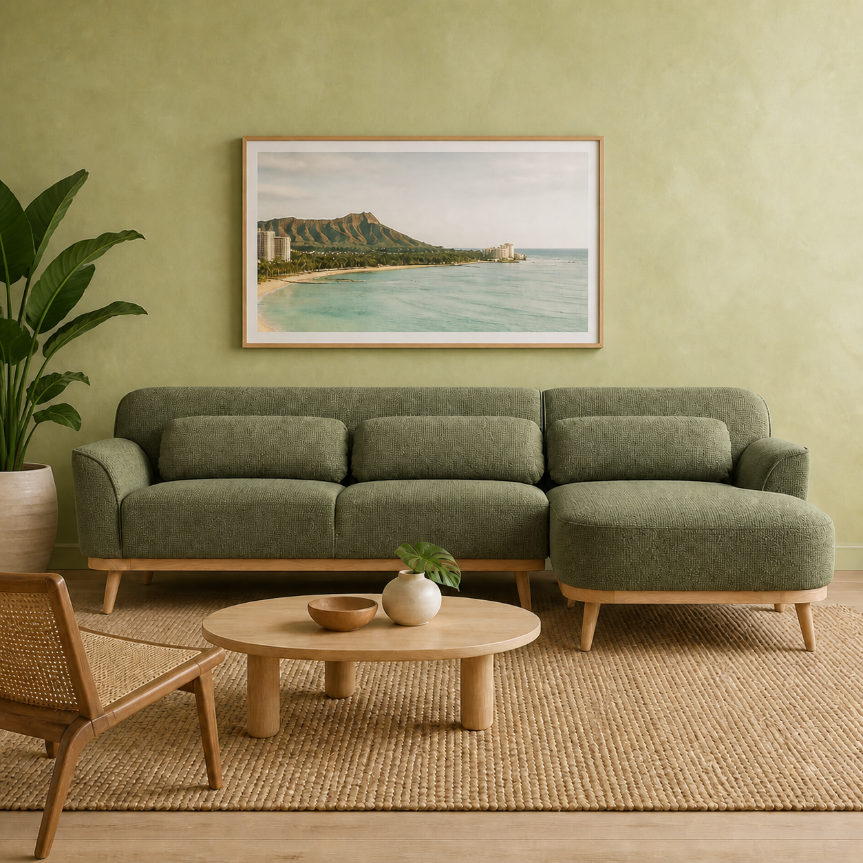 Solid Wood Sectional 105 inch Olive Green Facing Right staged front in a color-calibrated Honolulu condo