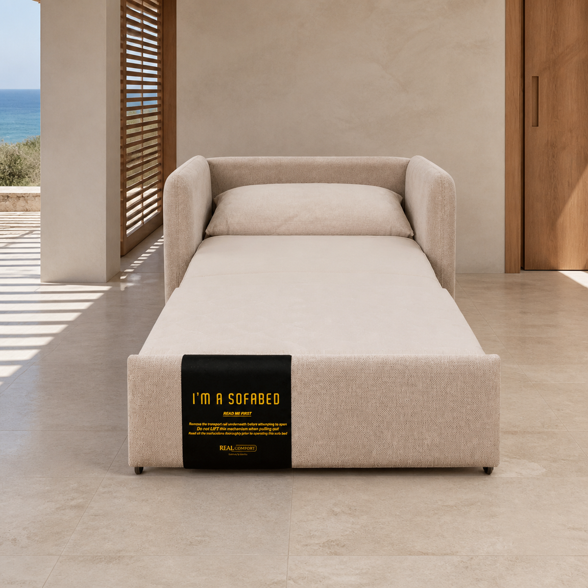 Dianna Lounge Chair Bed in Beige front view in sleeper mode