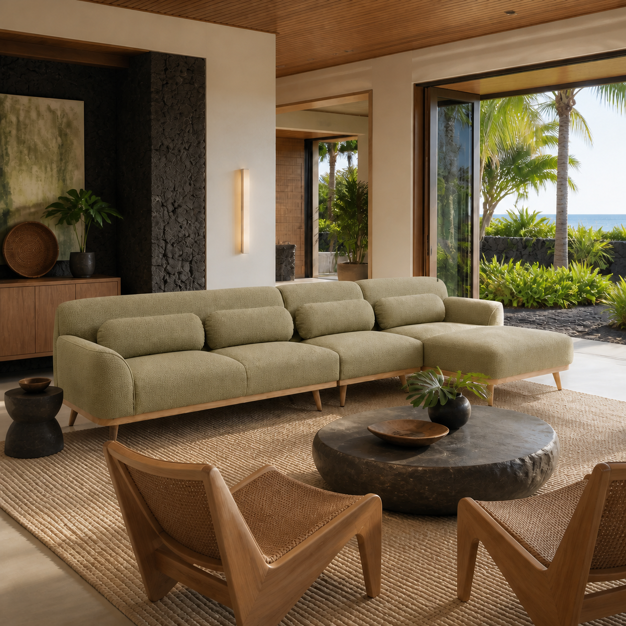 Solid Wood Sectional 135 inch Pistachio Facing Right staged side in a color-calibrated Hawaiian home