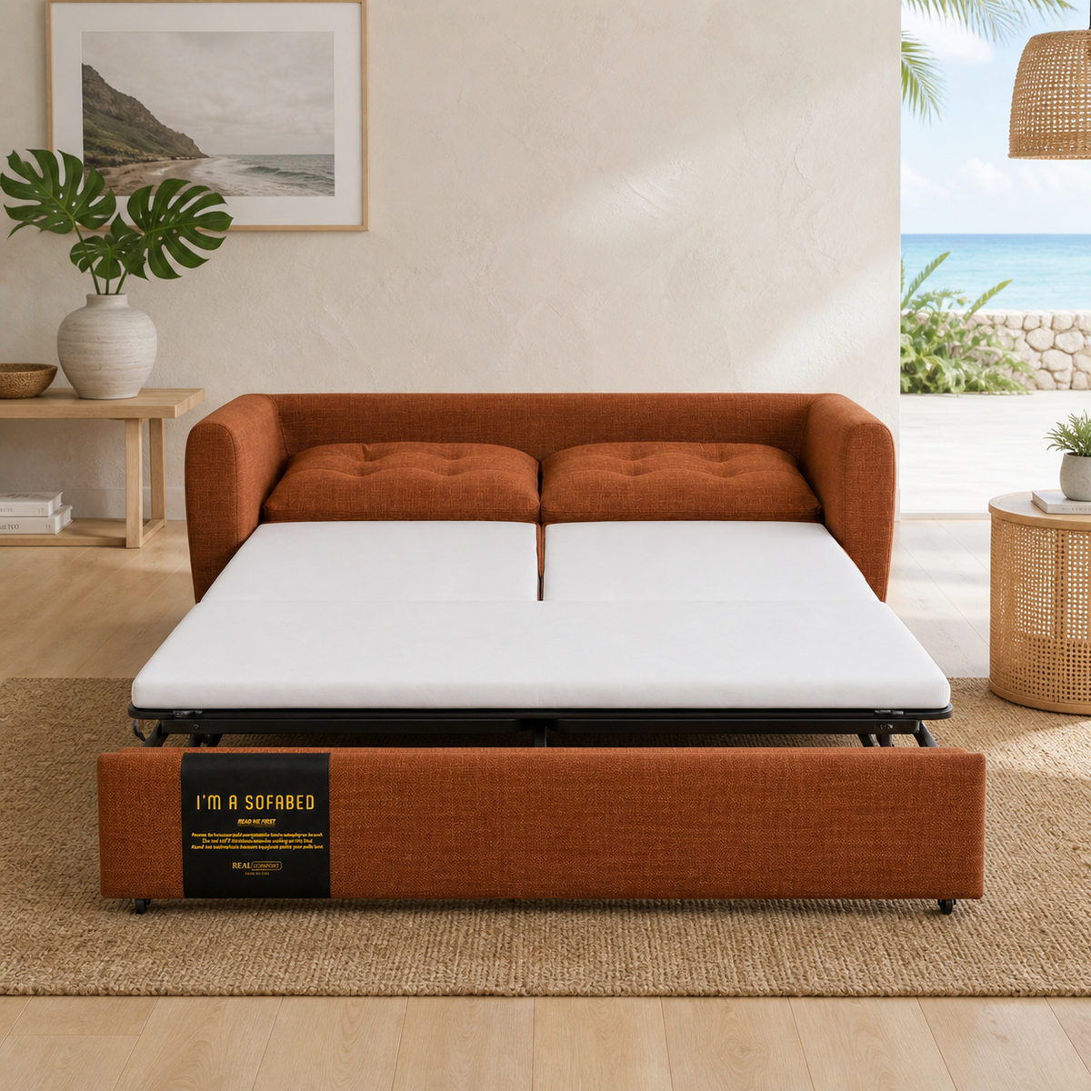 Rebecca Queen Size Sofa Bed Rustic front view in queen sleeper mode