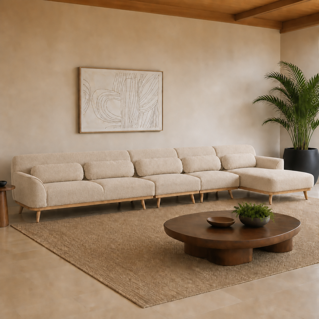 Solid Wood Sectional 164 inch Beige Facing Right staged side in a color-calibrated large Hawaiian home