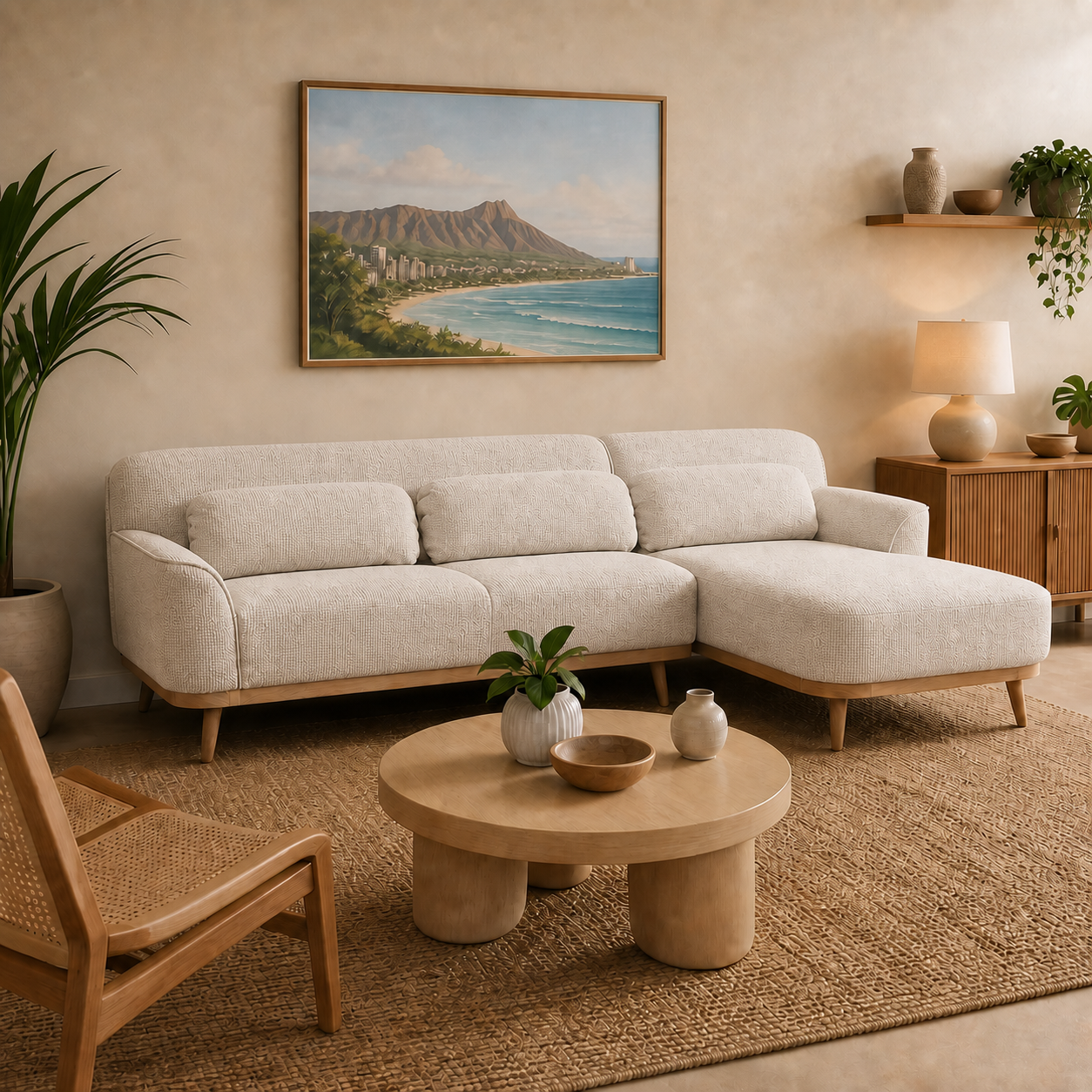 Solid Wood Sectional 105 inch Beige Facing Right staged side in a color-calibrated Honolulu condo