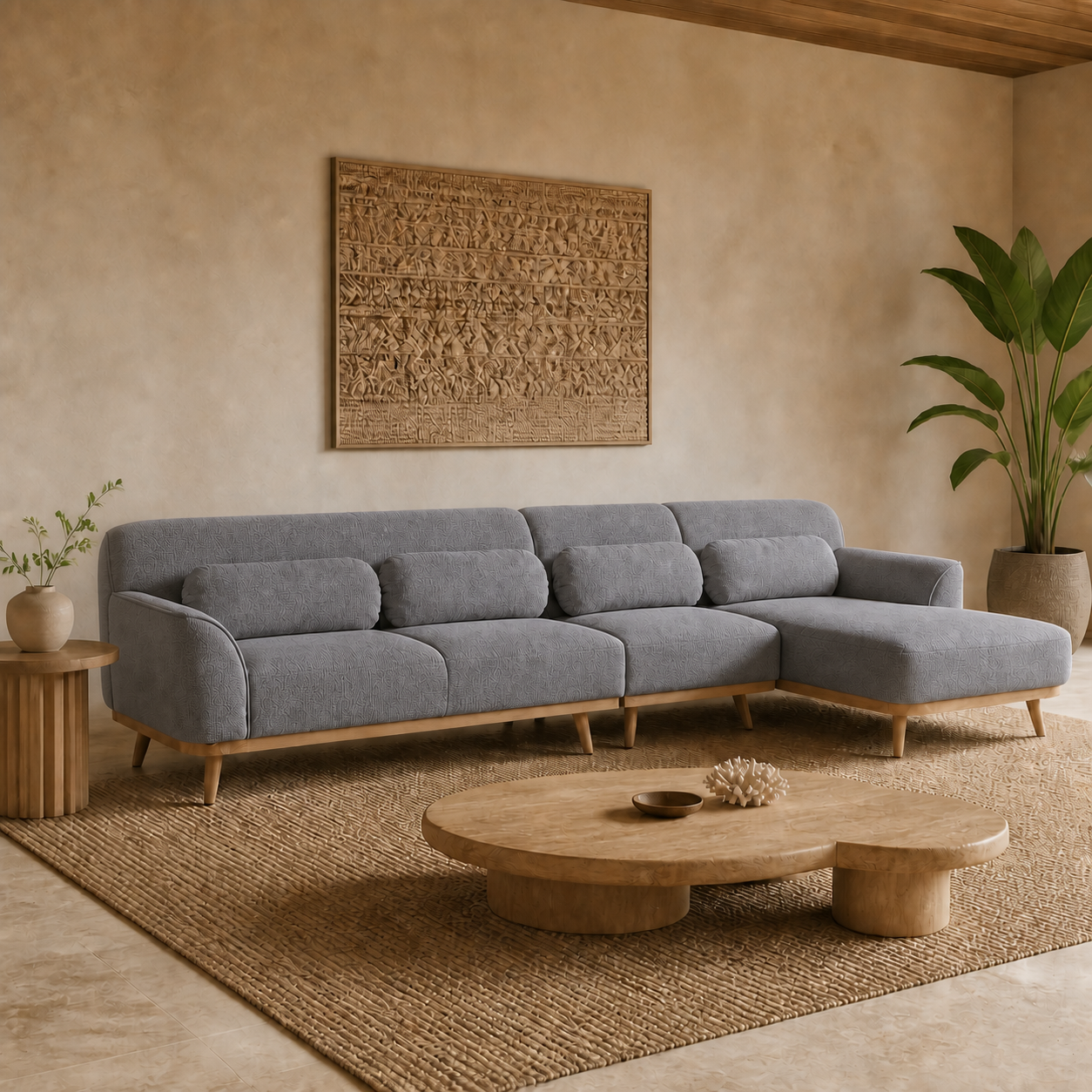 Solid Wood Sectional 135 inch Grey Facing Right staged side in a color-calibrated Hawaiian home