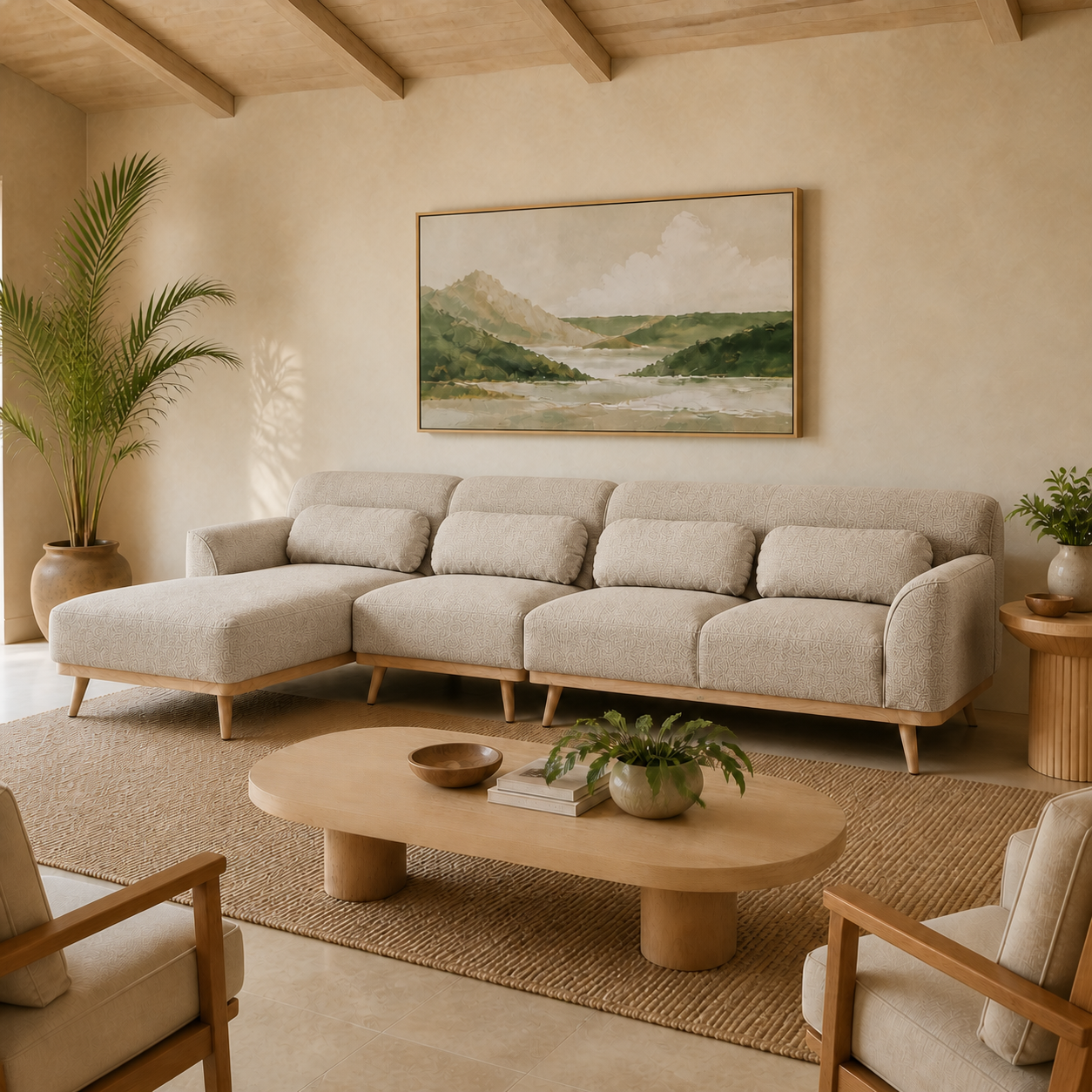Solid Wood Sectional 135 inch Beige Facing Left staged side in a color-calibrated Hawaiian home