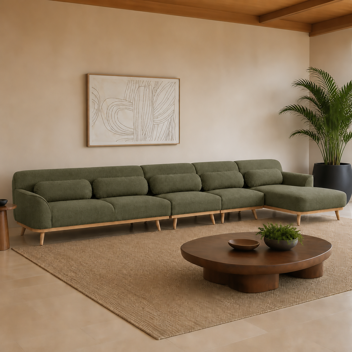 Solid Wood Sectional 164 inch Olive Green Facing Right staged side in a color-calibrated large Hawaiian home