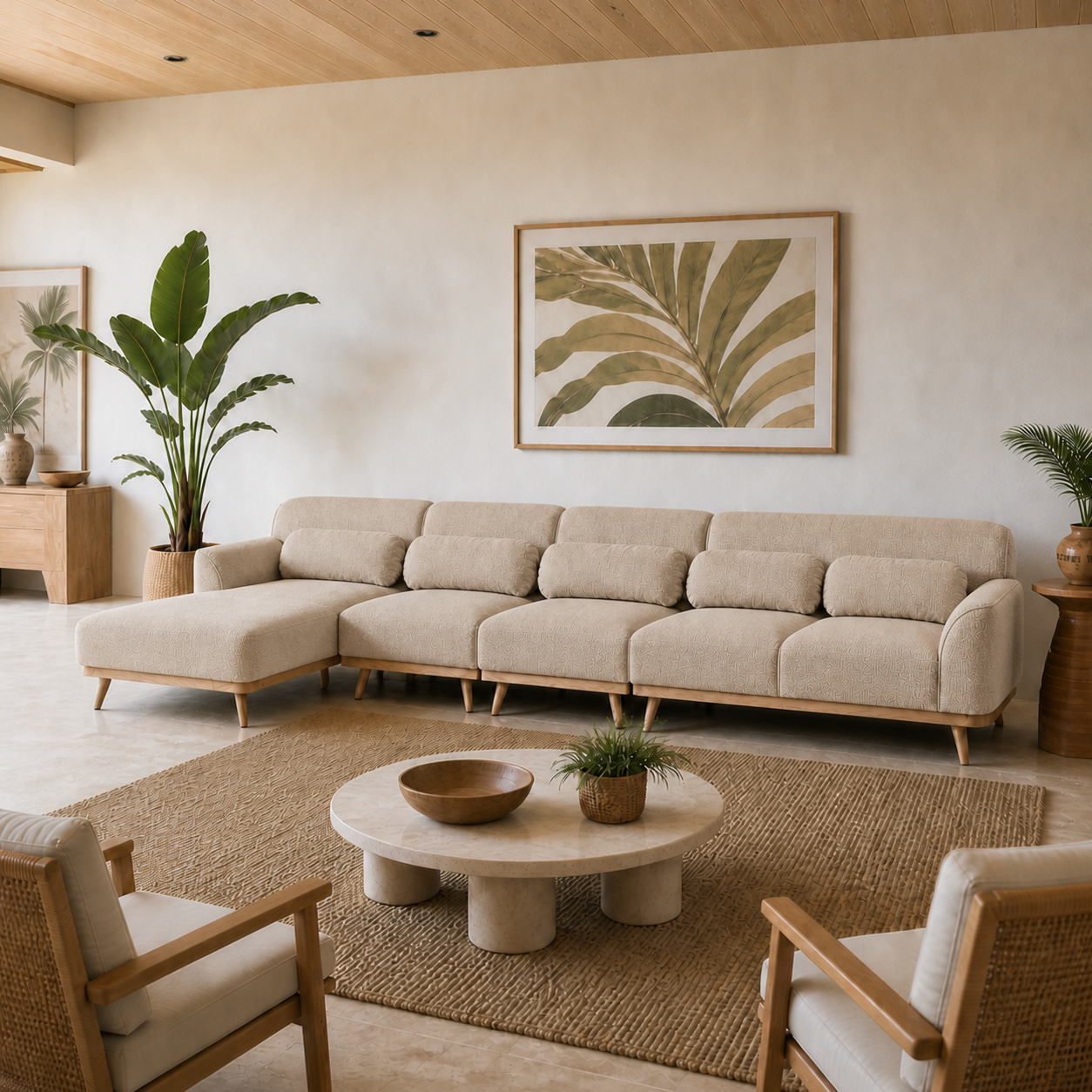 Solid Wood Sectional 164 inch Beige Facing Left staged side in a color-calibrated large Hawaiian home