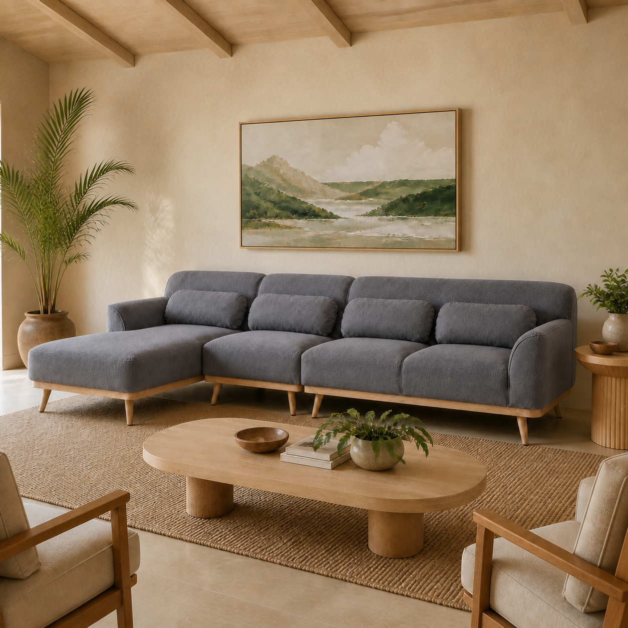 Solid Wood Sectional 135 inch Grey Facing Left staged side in a color-calibrated Hawaiian home