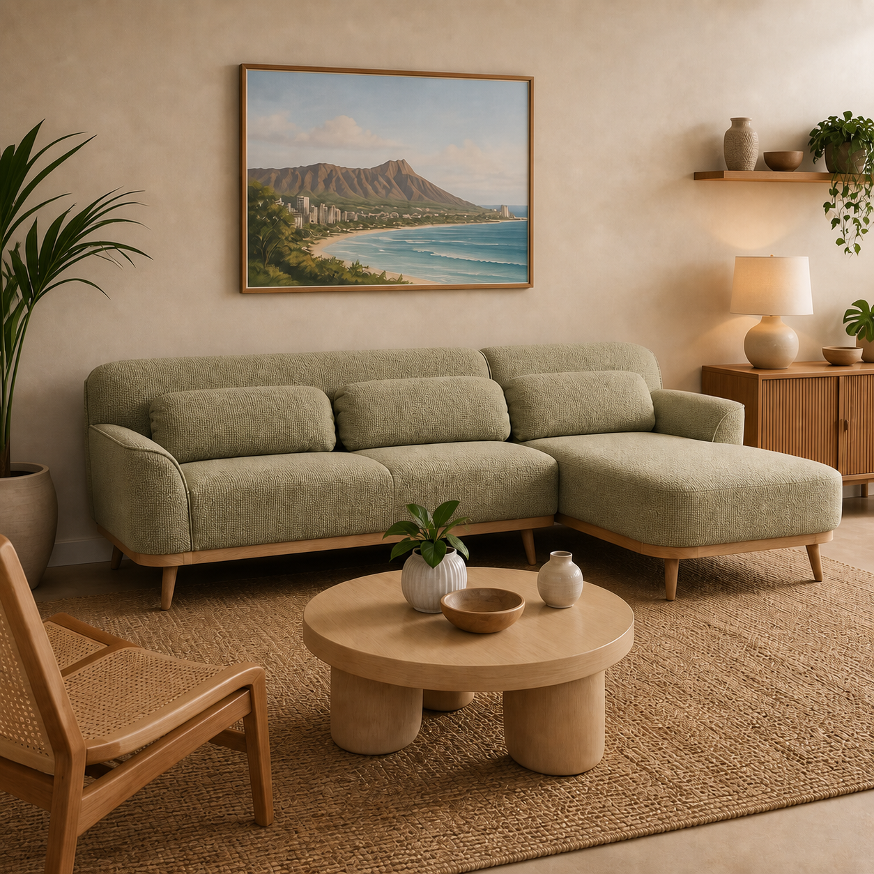 Solid Wood Sectional 105 inch Pistachio Facing Right staged side in a color-calibrated Honolulu condo
