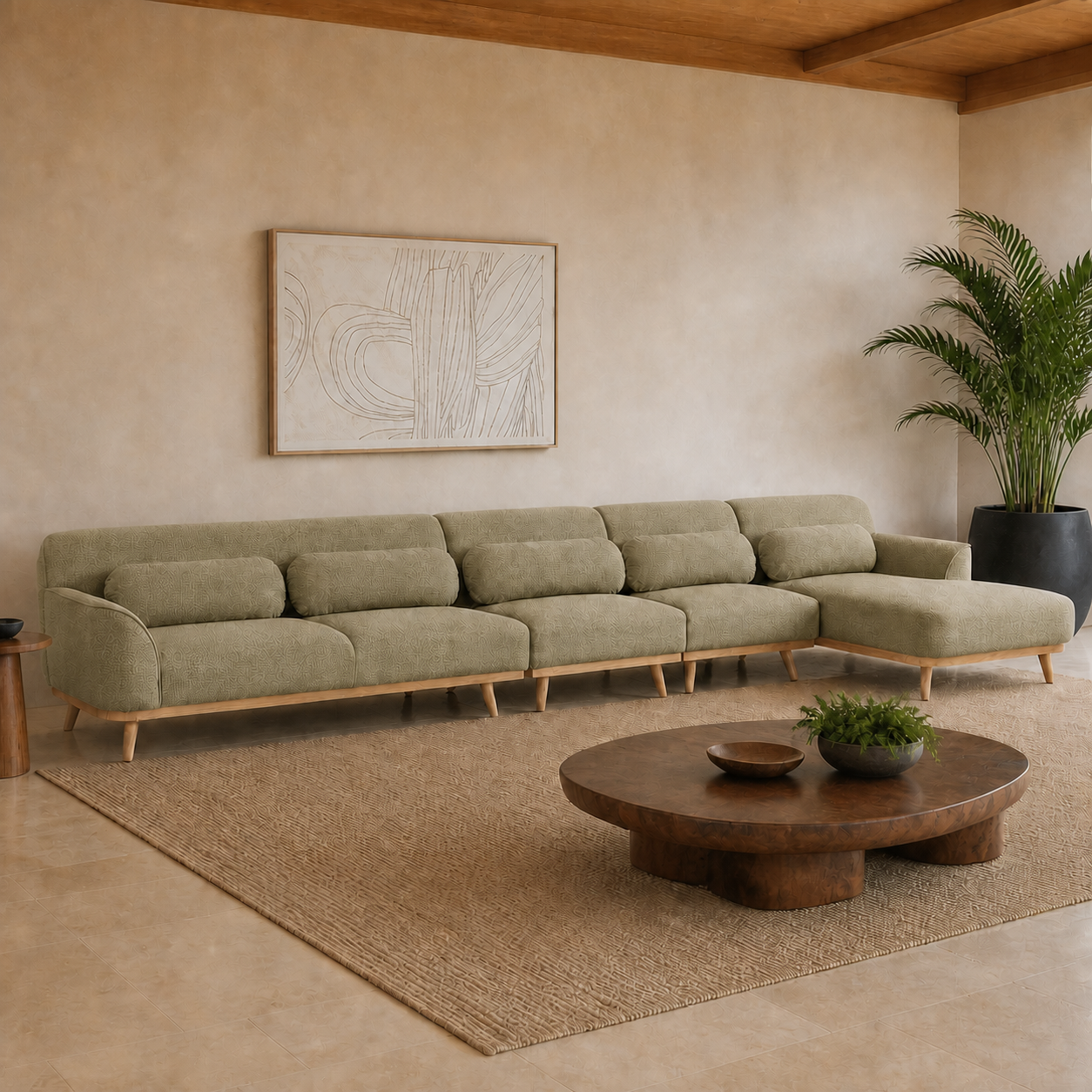 Solid Wood Sectional 164 inch Pistachio Facing Right staged side in a color-calibrated large Hawaiian home