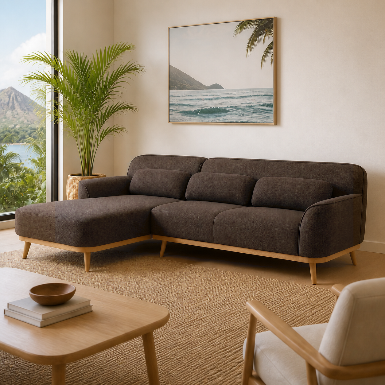 Solid Wood Sectional 105 inch Brown Facing Left rendered v3 staged side in a modern Hawaiian home