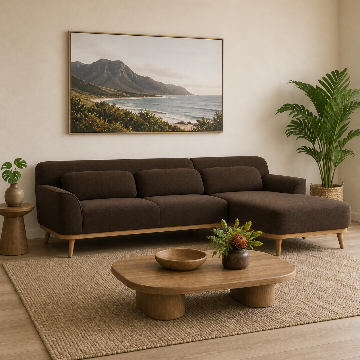 Solid Wood Sectional 105 inch Brown Facing Right rendered v3 staged side in a modern Hawaiian home
