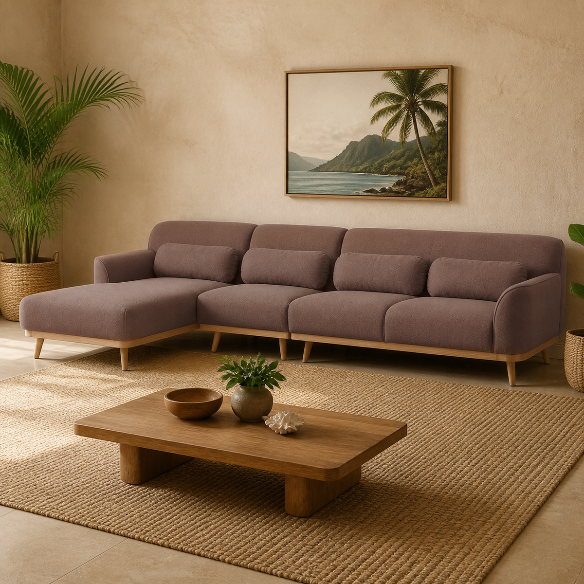 Solid Wood Sectional 135 inch Sand Facing Left rendered v3 staged side in a modern Hawaiian home