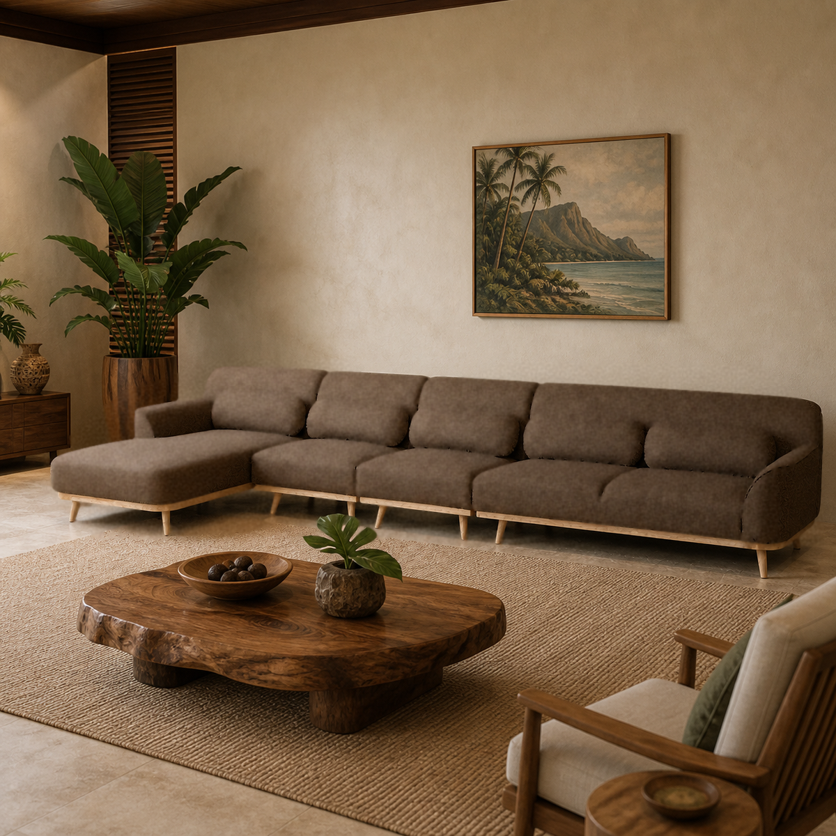 Solid Wood Sectional 164 inch Brown Facing Left rendered v3 staged side in a modern Hawaiian home