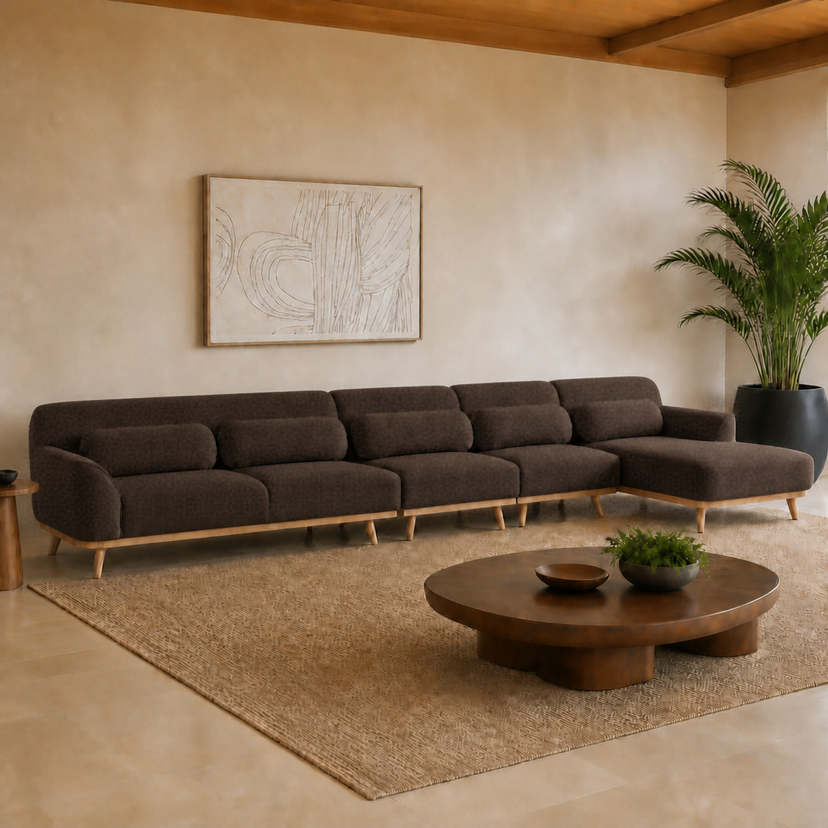 Solid Wood Sectional 164 inch Brown Facing Right rendered v3 staged side in a modern Hawaiian home