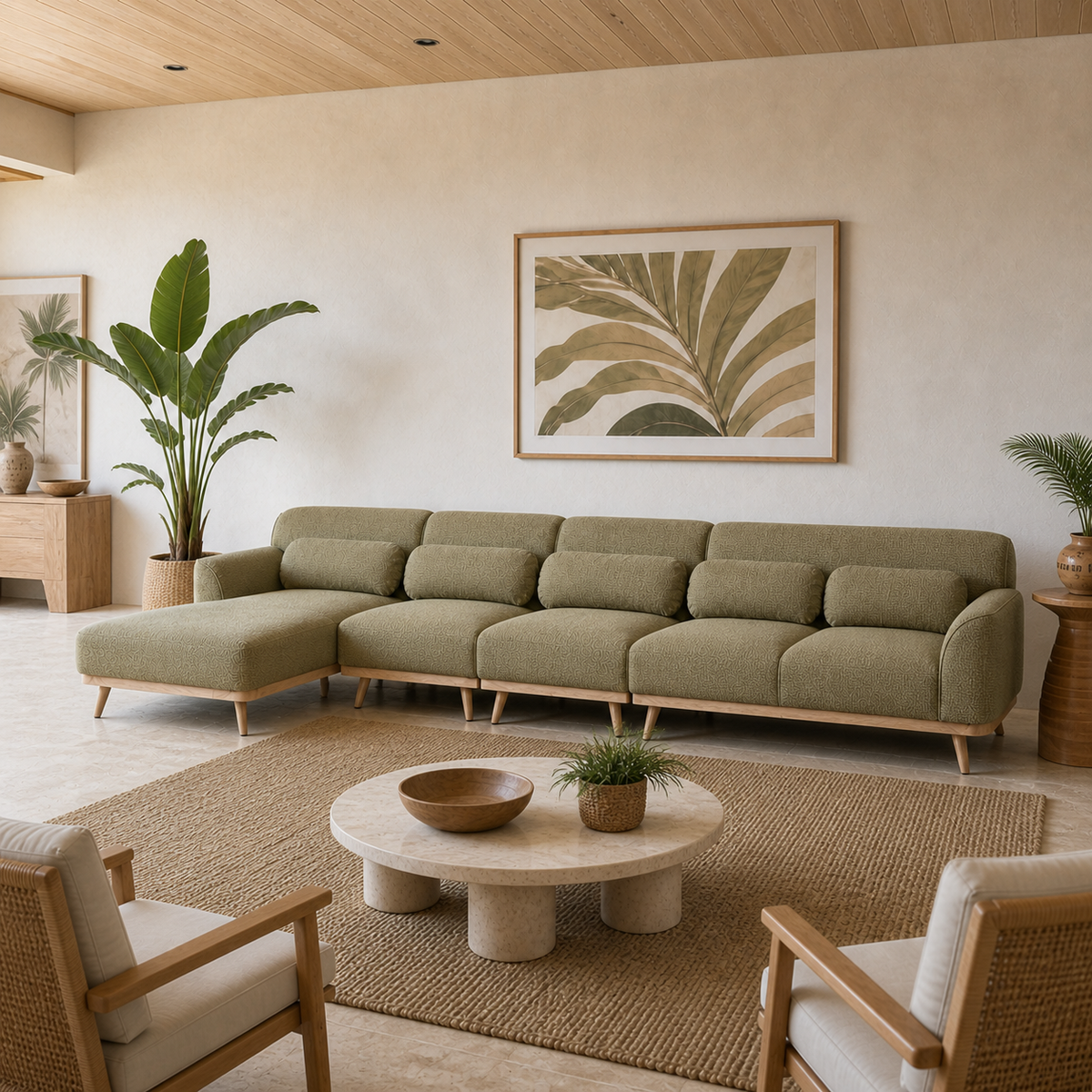 Solid Wood Sectional 164 inch Pistachio Facing Left staged side in a spatially planned large Hawaiian home