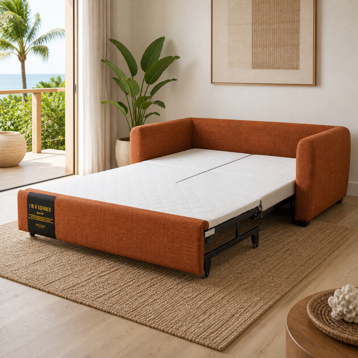 Rebecca Queen Size Sofa Bed Rustic with sleeper mechanism visible