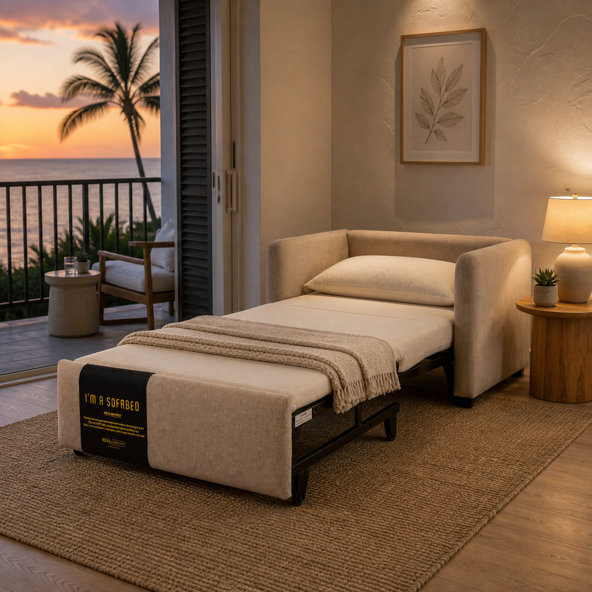 Dianna Lounge Chair Bed in Beige opened at dusk in Hawaii