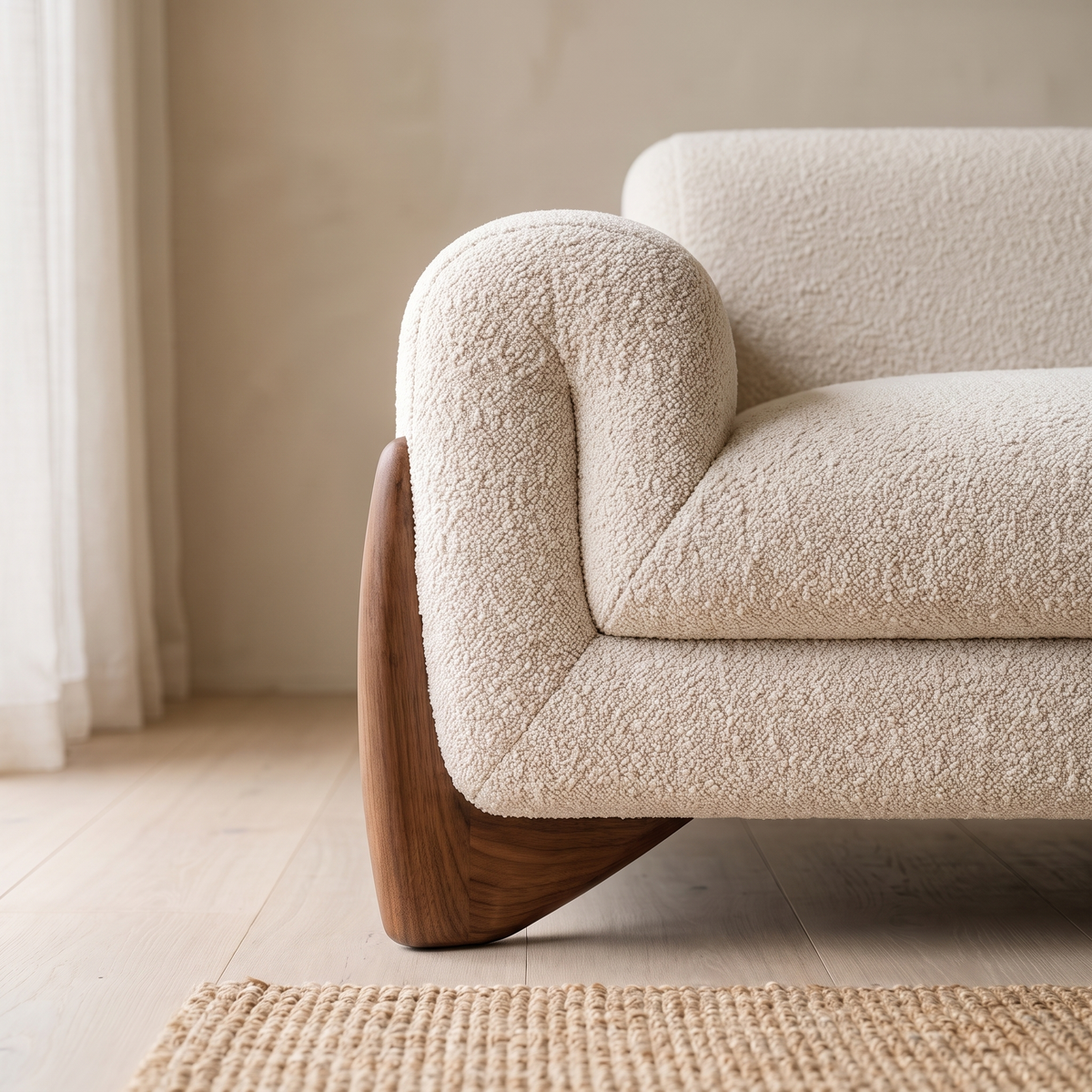 Reverb Sofa in Cream, close-up of the curved arm and walnut base