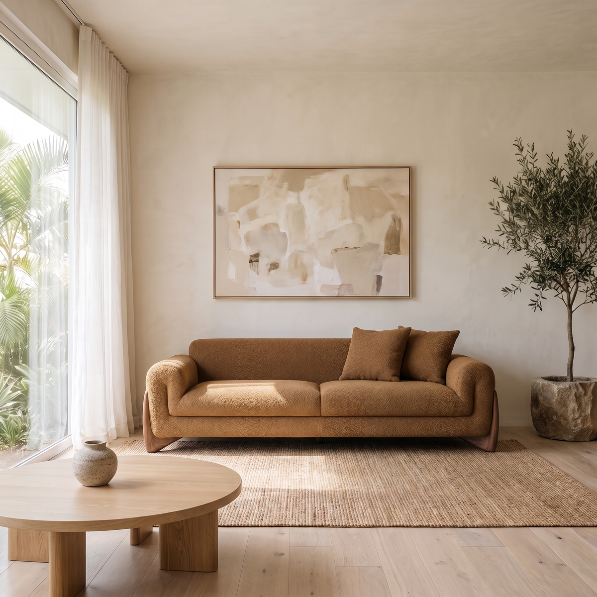 Reverb Sofa in Tobacco Brown, angled view in a bright Hawaii living room