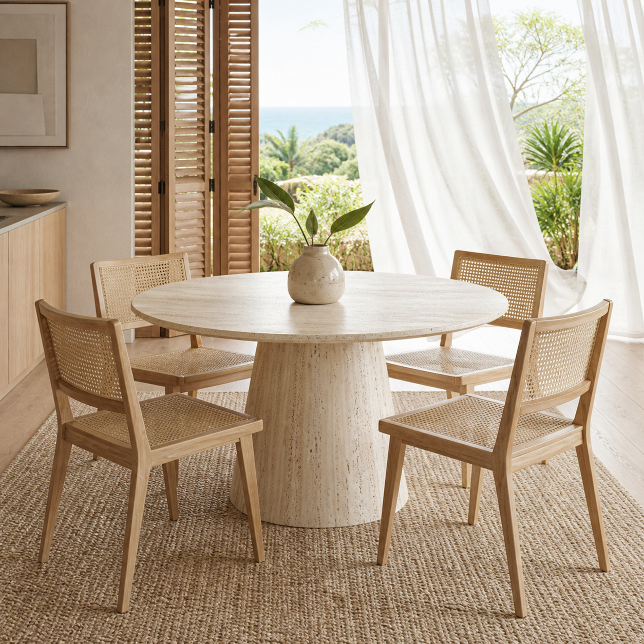 Cove Dining Table in a bright modern Oahu dining room with cane chairs