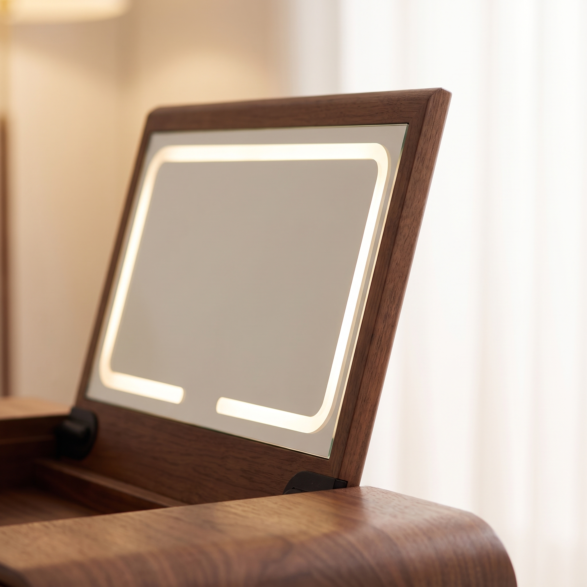 Puako Vanity Desk - close-up of the lift-up mirror lid and its LED border