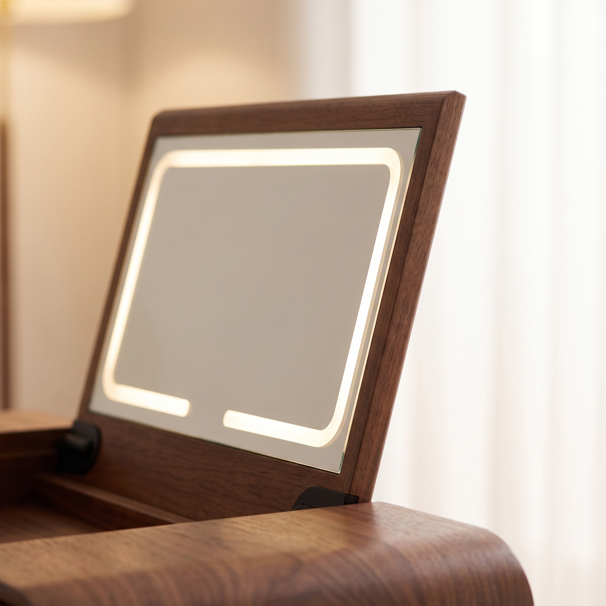 Puako Vanity Desk - close-up of the lift-up mirror lid and its LED border