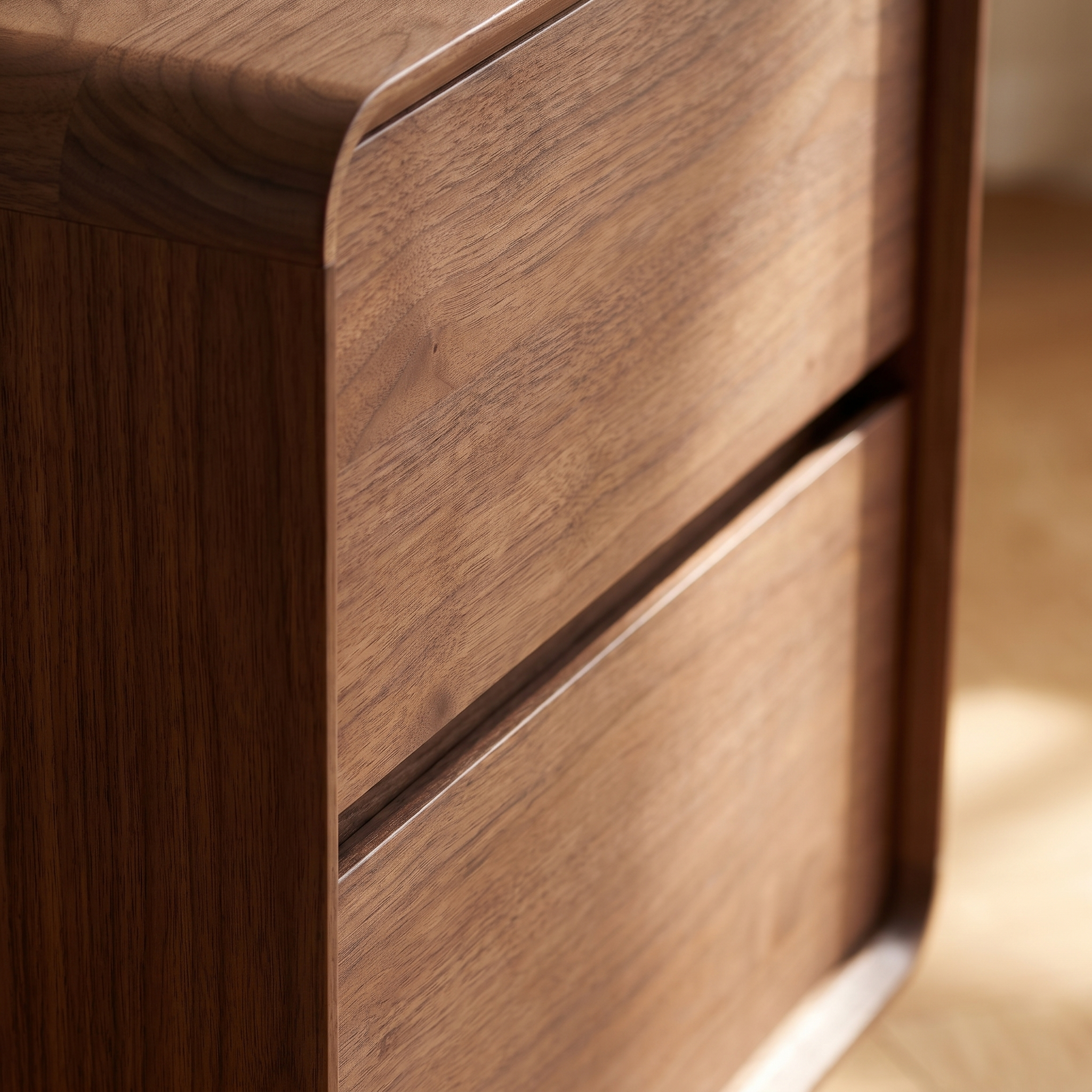 Wailea Nightstand - detail of the large rounded front corner